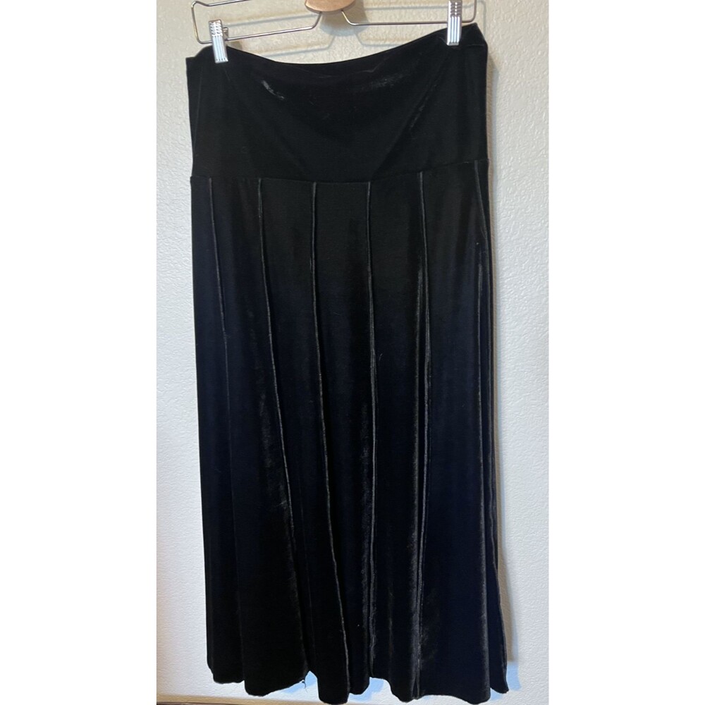 Sunny Leigh Black Velvet Stretch Flare Hem A-Line Velour Midi Skirt L Y2k 90s